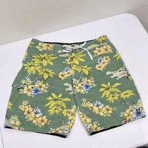 Distortion Mens L Hawaiian Flower Tropical Board Shorts Stretch Yellow Green